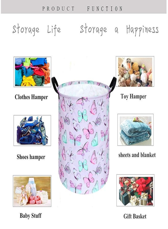 KUNRO Round Laundry Gift Basket Storage Hamper, Clothes Storage Organizer Bins, Shelf Basket with Handles for Room Decor (Purple Butterfly) - Image 3